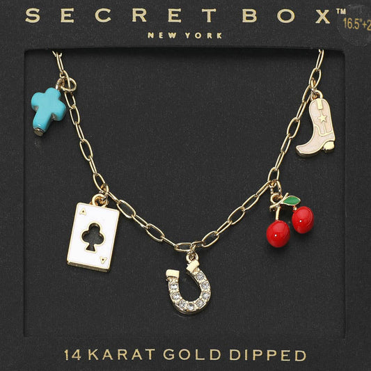 SECRET BOX_14K Gold Dipped Western Horseshoe Cowboy Boot Cross Playing Card Cherry Charm Station Paperclip Chain Necklace: Gold