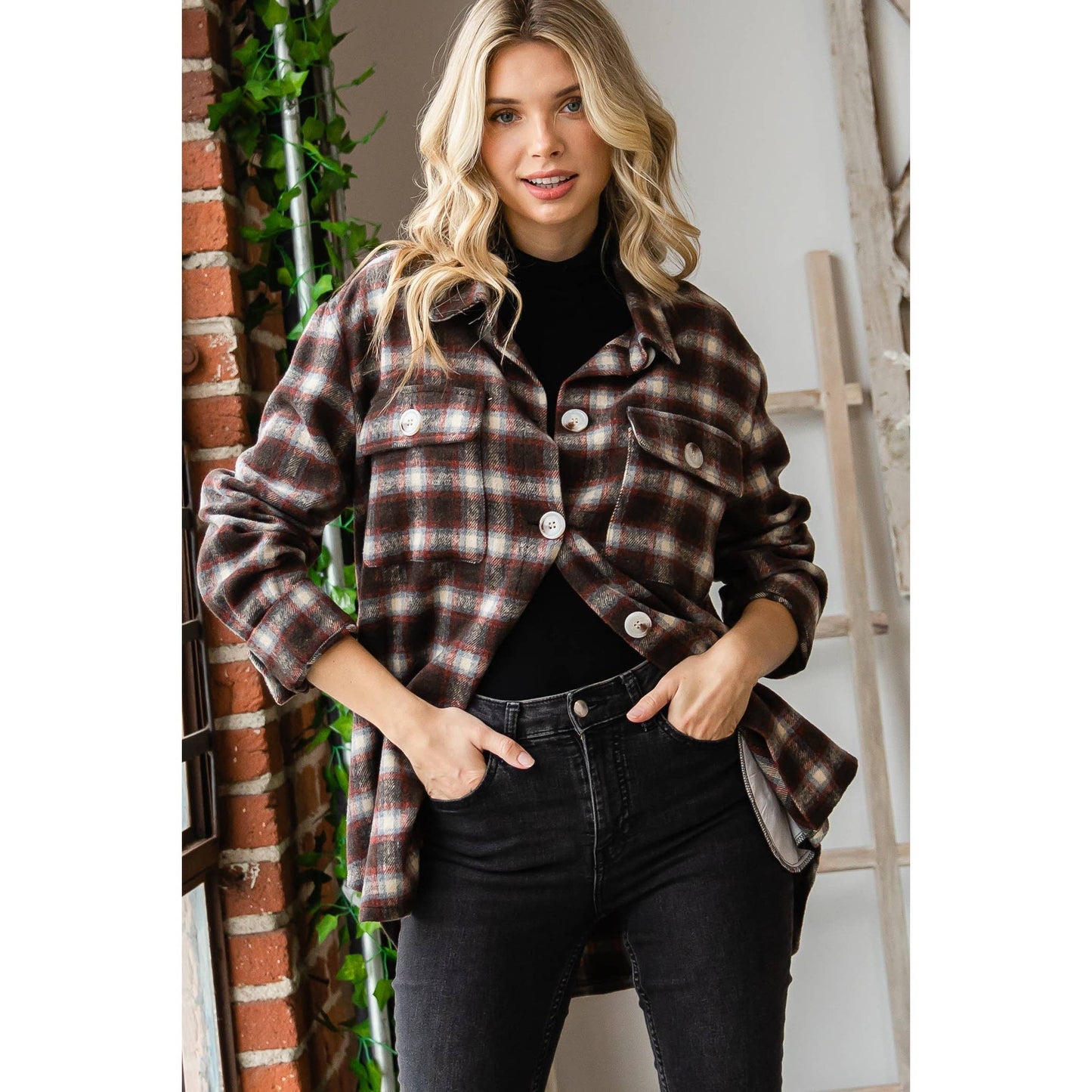 VJ71471 - Classic Plaid Shirts Jacket: Brown Combo / L