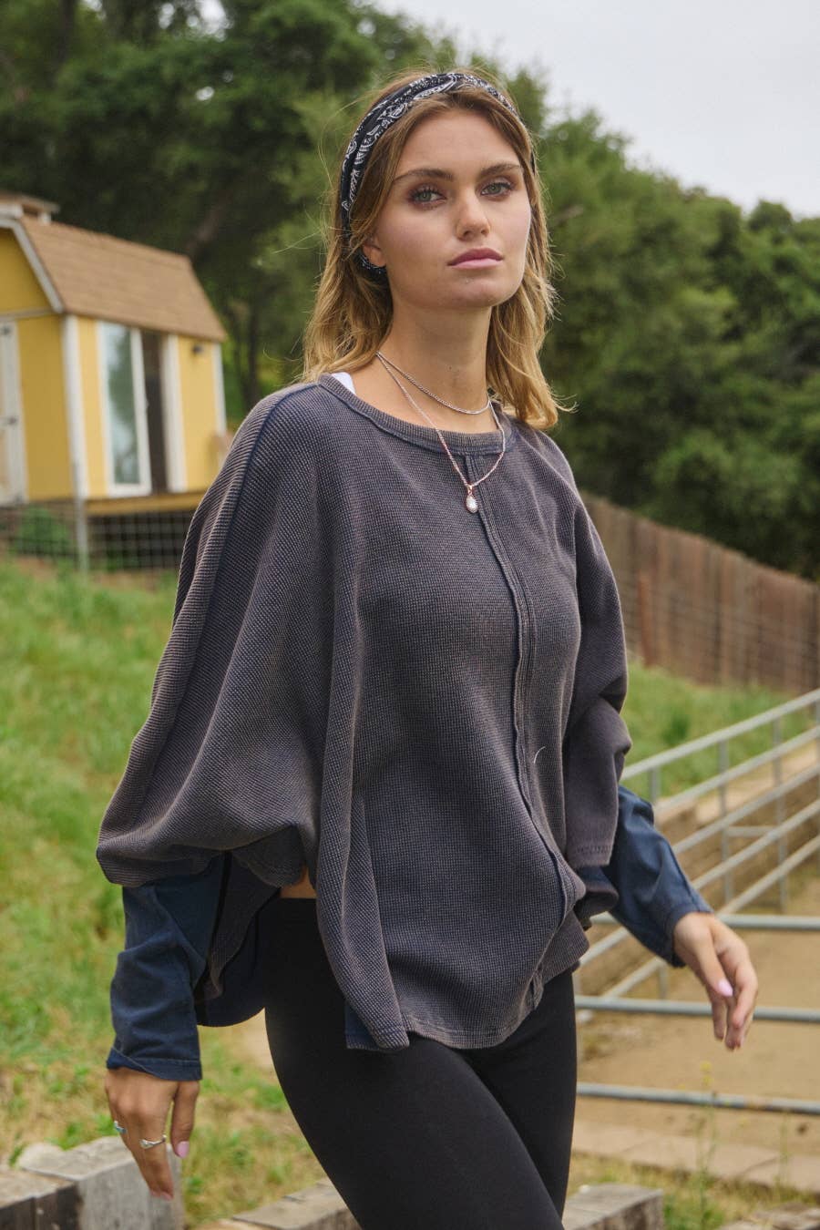 Acid Washed Thermal Batwing Pullover: Washed Navy / L