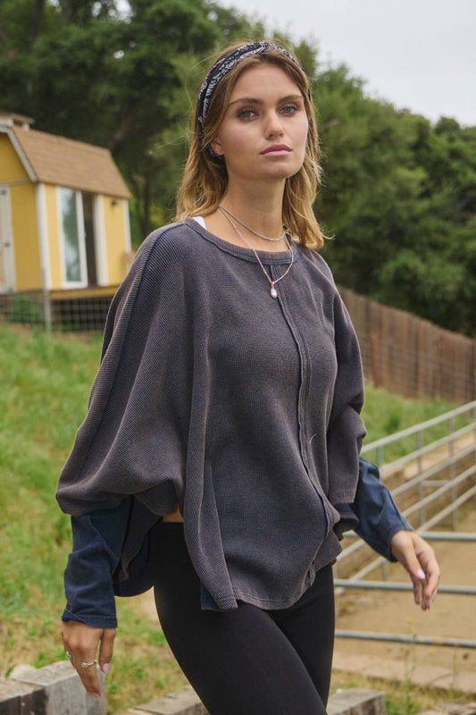Acid Washed Thermal Batwing Pullover: Washed Navy / L
