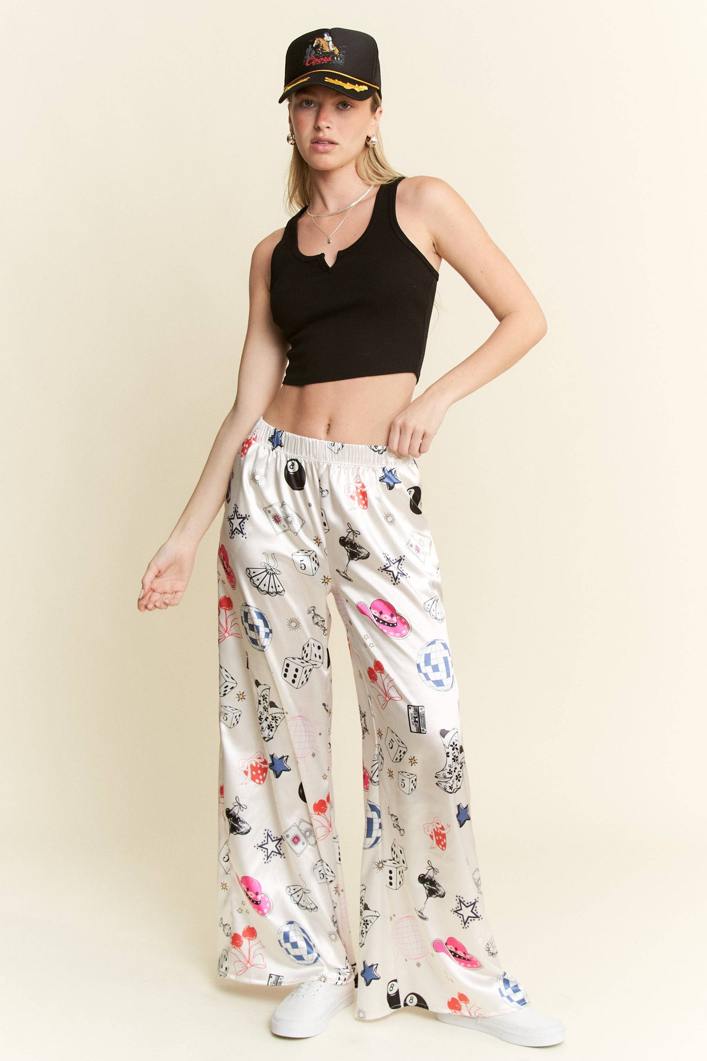 PARTY COLLAGE SATIN PANTS: Black / XL