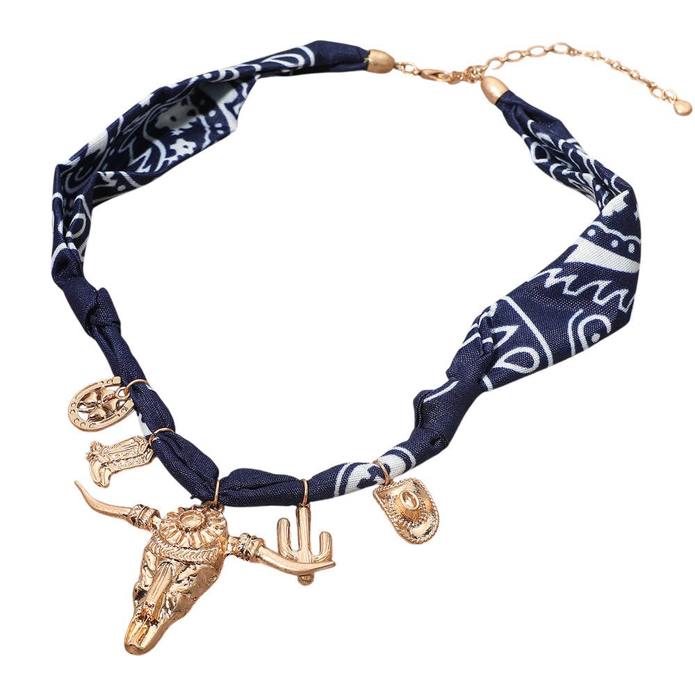 Boho Western Bull Skull Cactus Cowboy Hat Boots Charm Fabric Necklace: Navy