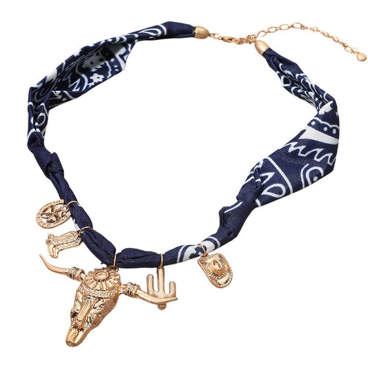 Boho Western Bull Skull Cactus Cowboy Hat Boots Charm Fabric Necklace: Navy