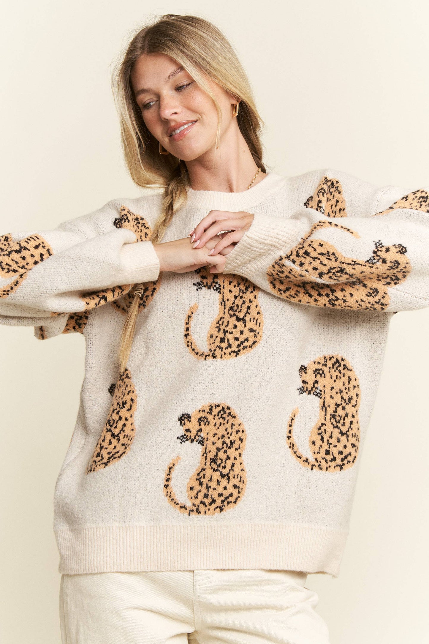 CHEETAH CONTRAST TRIM LONG SLEEVE SWEATER