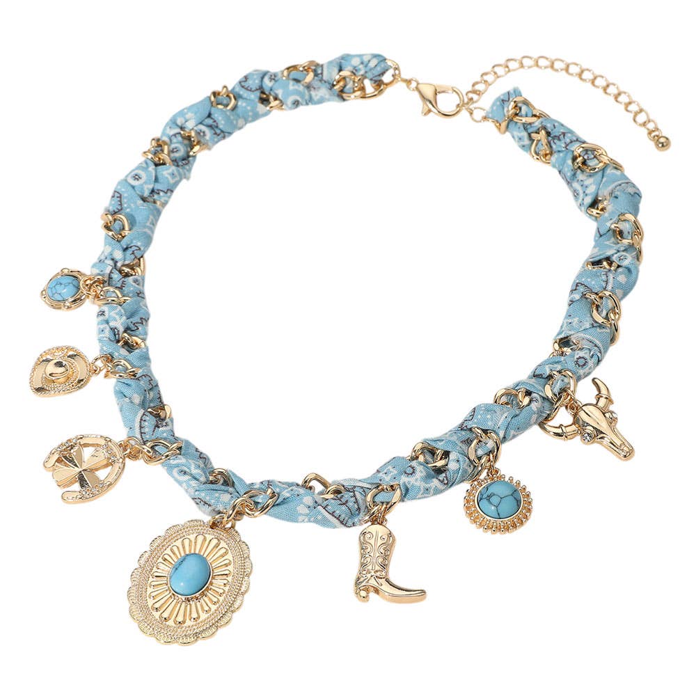 Western Themed Charm Fabric Braided Necklace: Beige,Gold