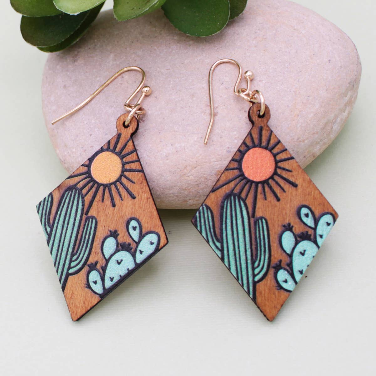 Desert Dreams Cactus Sketch Wood Earrings