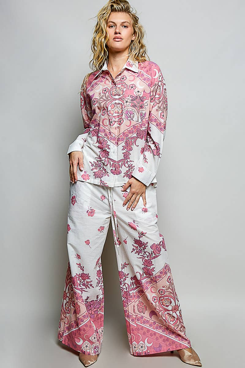 Floral Stripe Block Print Elastic Waist Wide Leg Pants