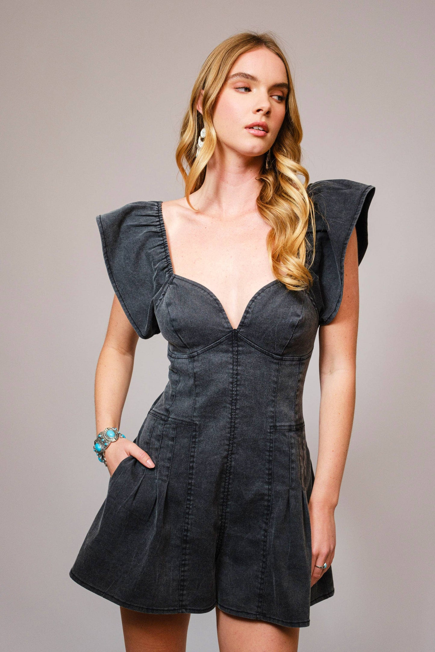 52112R - Sweetheart Ruffle Sleeve Denim Romper