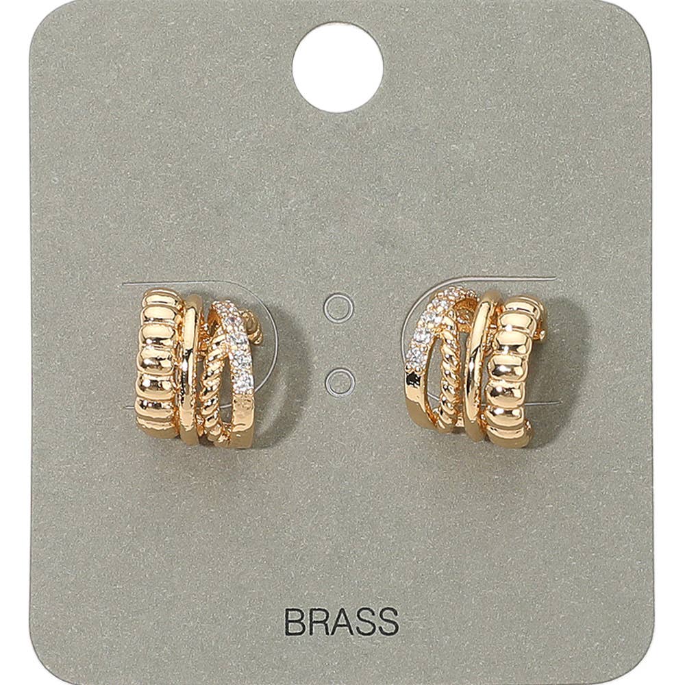 Stone Paved Layered Textured Mini Half Hoop Earrings: Clear,Gold