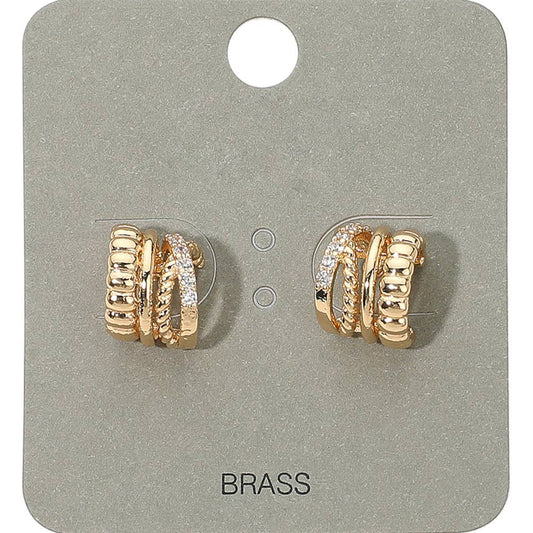 Stone Paved Layered Textured Mini Half Hoop Earrings: Clear,Gold
