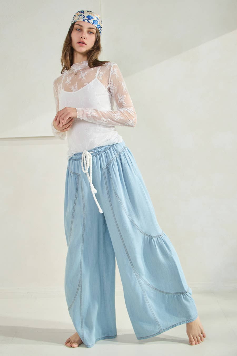 Chambray Denim Wide Palazzo Pants: Washed Dark Chambray / S
