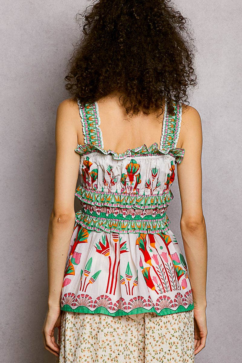 Square Neck Sleeveless Printed Ruffle Dress Woven Top