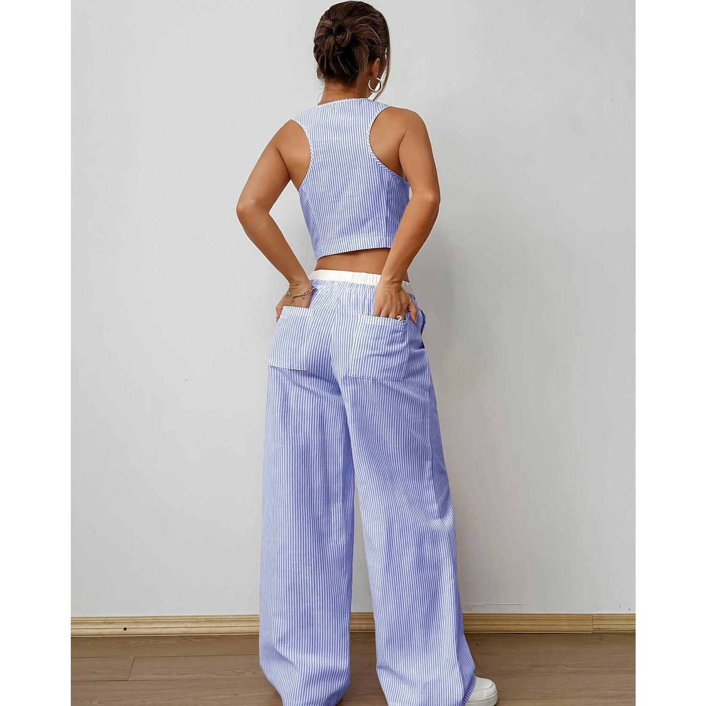 Striped Vest and Wide Leg Pants Two Piece Set