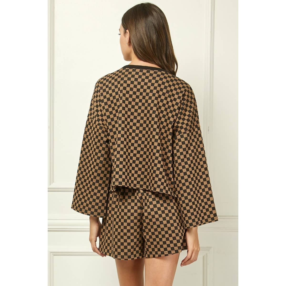 Checker Jersey Long Sleeve Top : Brown / S
