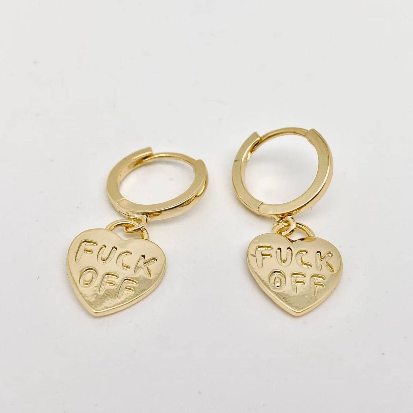 "Fuck off" Heart-shaped Gold Plated Huggie Earrings