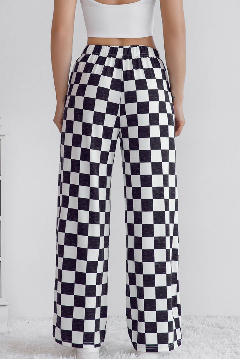 LA SOCIETY Checkered Print High Waist Wide Leg Pants Bottoms