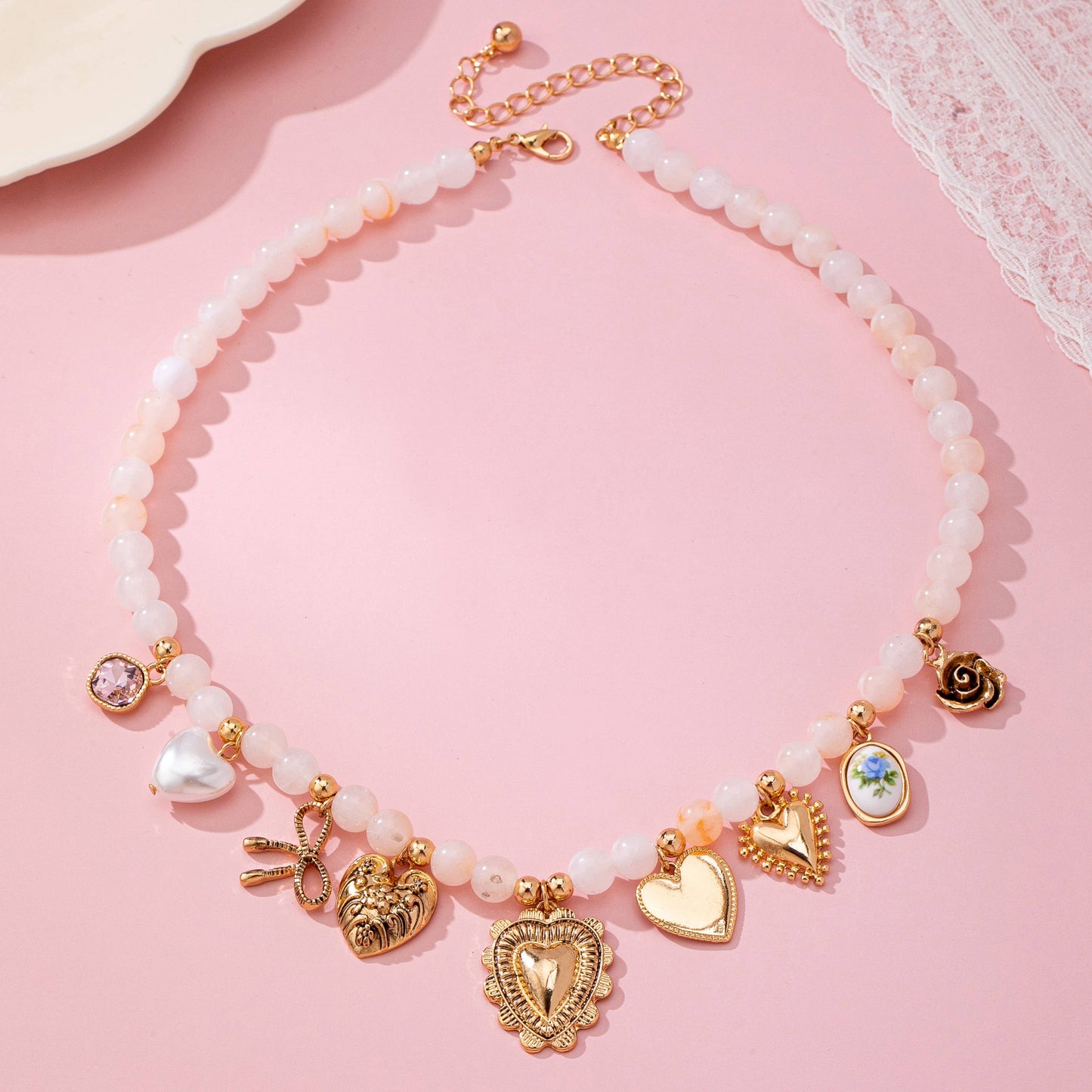 White Beaded Porcelain heart Multi-Charm Necklace | 80N92684