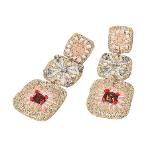 Embroidered Beaded Crochet Granny Square Link Drop Earrings