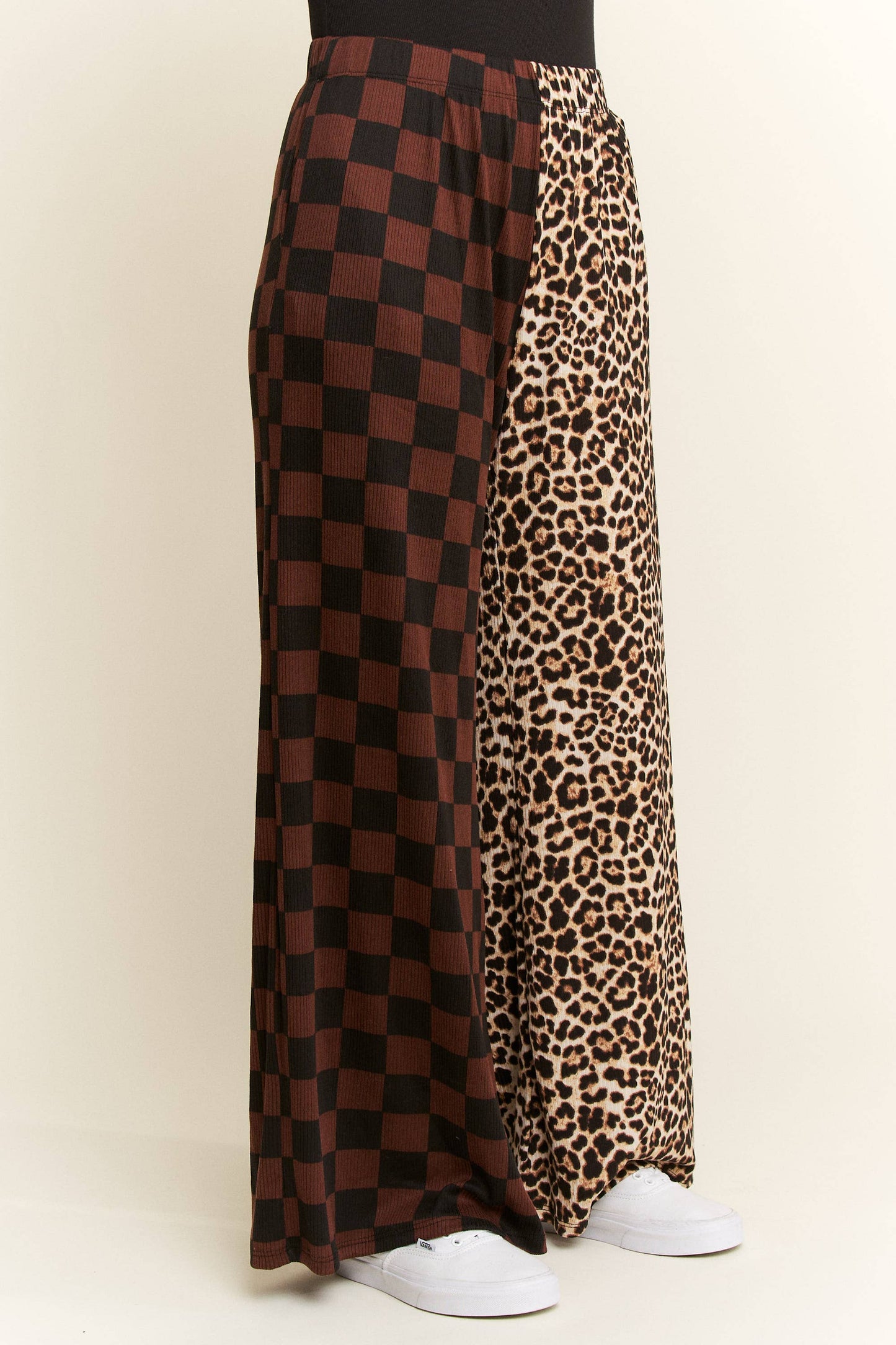 SPLIT DECISION LEOPARD-CHECKERED PANTS: MOCHA / S