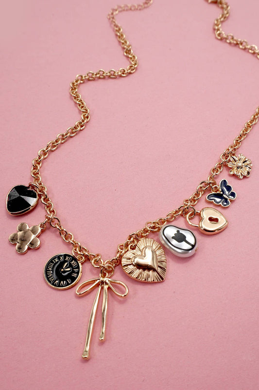 CHARM NECKLACE-HEART CLOCK BOW LOCK CHARMS | 80N91815