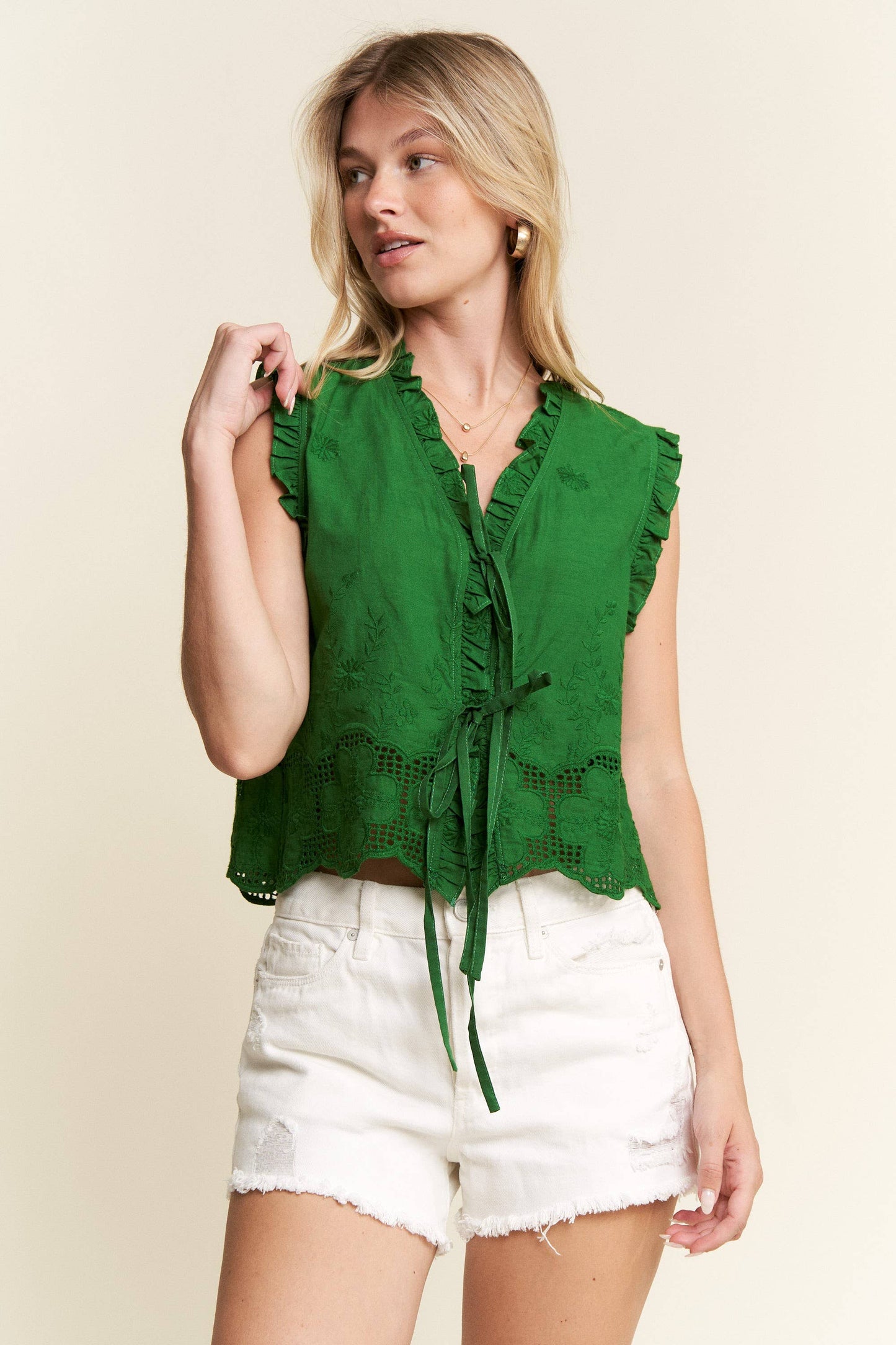 SLEEVELESS RUFFLE FRONT TIE TOP