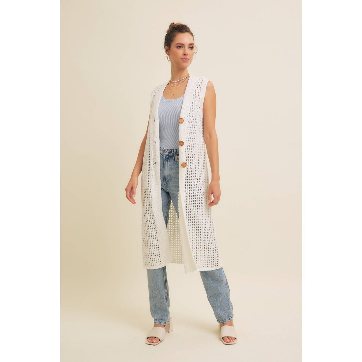 BUTTON-DOWN OPEN KNIT SLEEVELESS MIDI SWEATER CARDIGAN