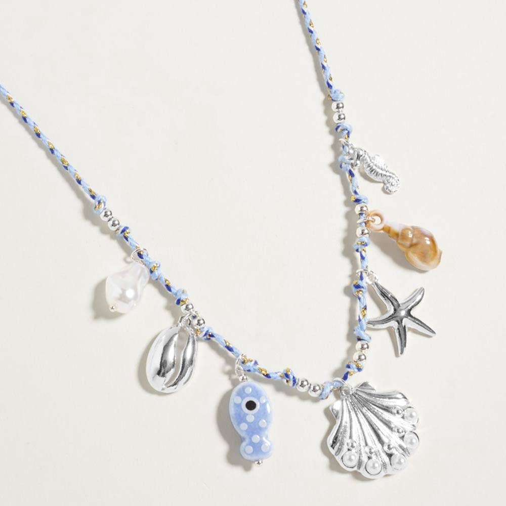 J5. Pearl Seashell Starfish Seahorse Charm Station Fabric Chain Twisted Necklace