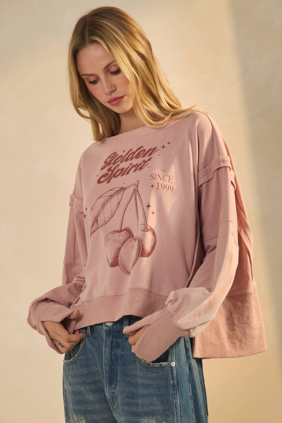 Acid Washed French Terry Cropped Sweatshirt: Washed Blush / L