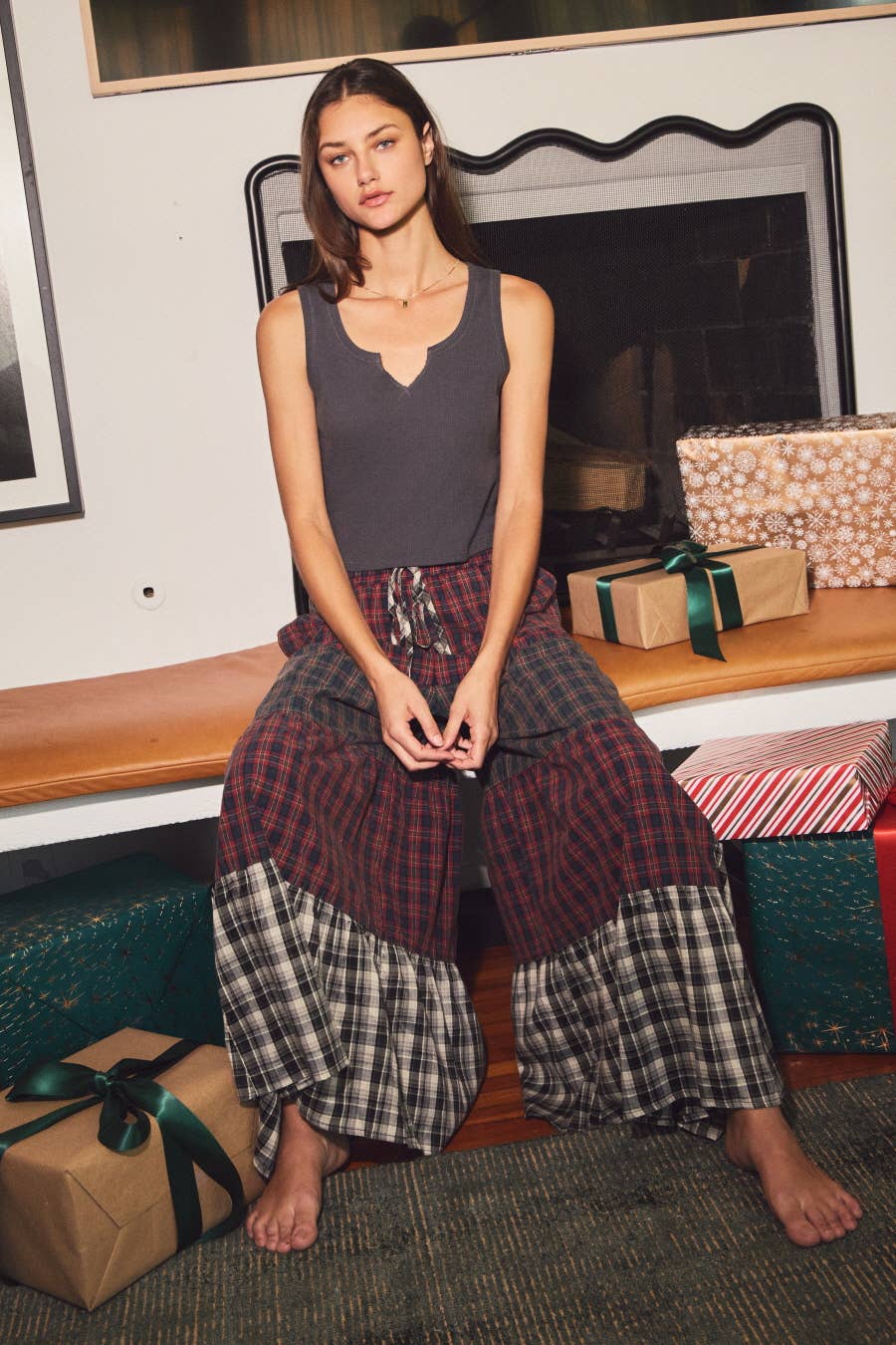 Acid Washed Patchwork Plaid Tiered Pants