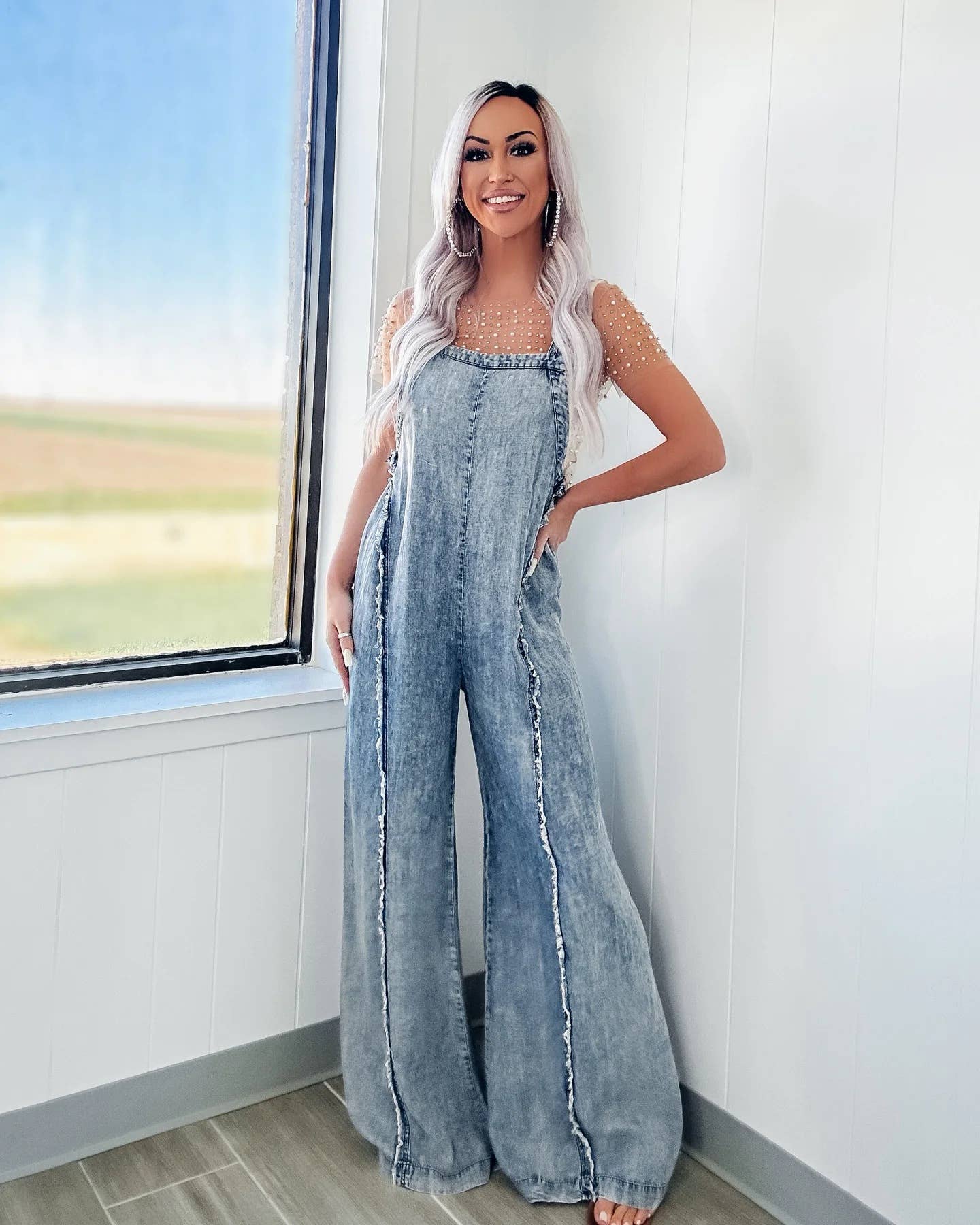 Washed Raw Wide Leg Jumpsuit