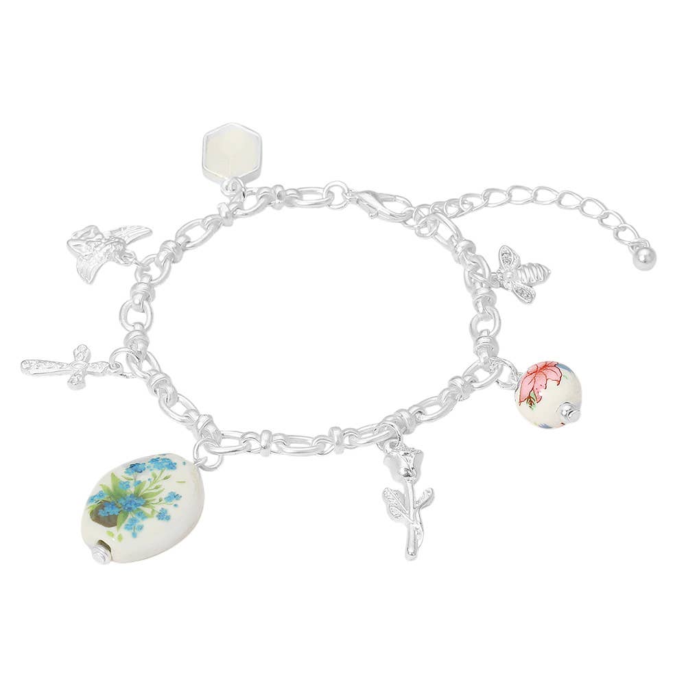 Vintage Floral Ceramic Charm Metal Angel Flower Stem Honey Bee Charm Station Bracelet: Green,Matte Silver