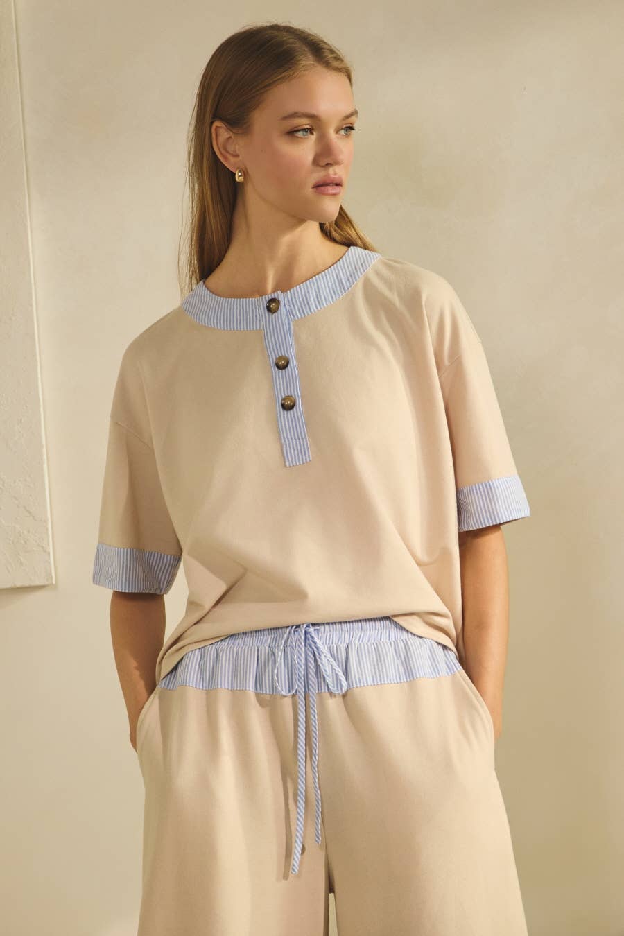Oddi Contrast-trim Henley Top And Pants Set
