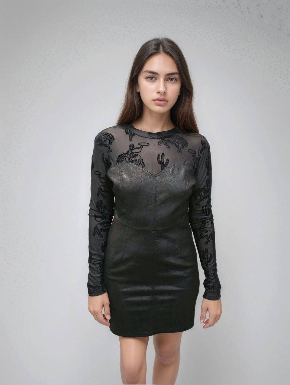 MK672 Buckaroo Bodycon Mesh Faux Leather Dress