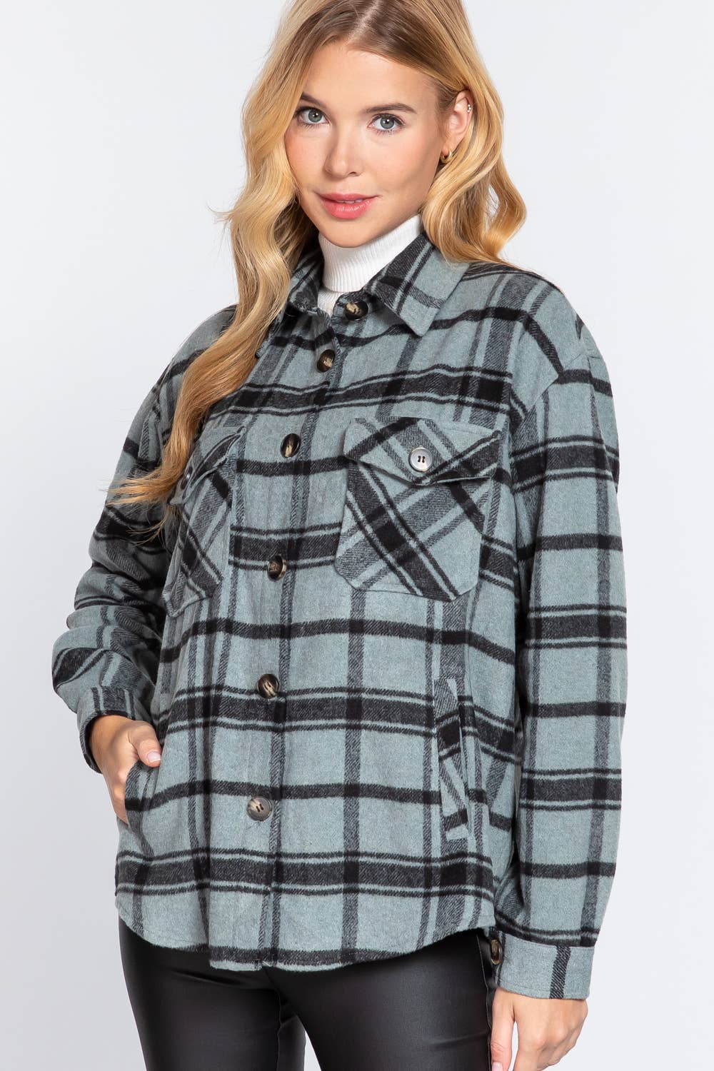 Long Sleeve Wool Blend Plaid Button Down Casual Jacket