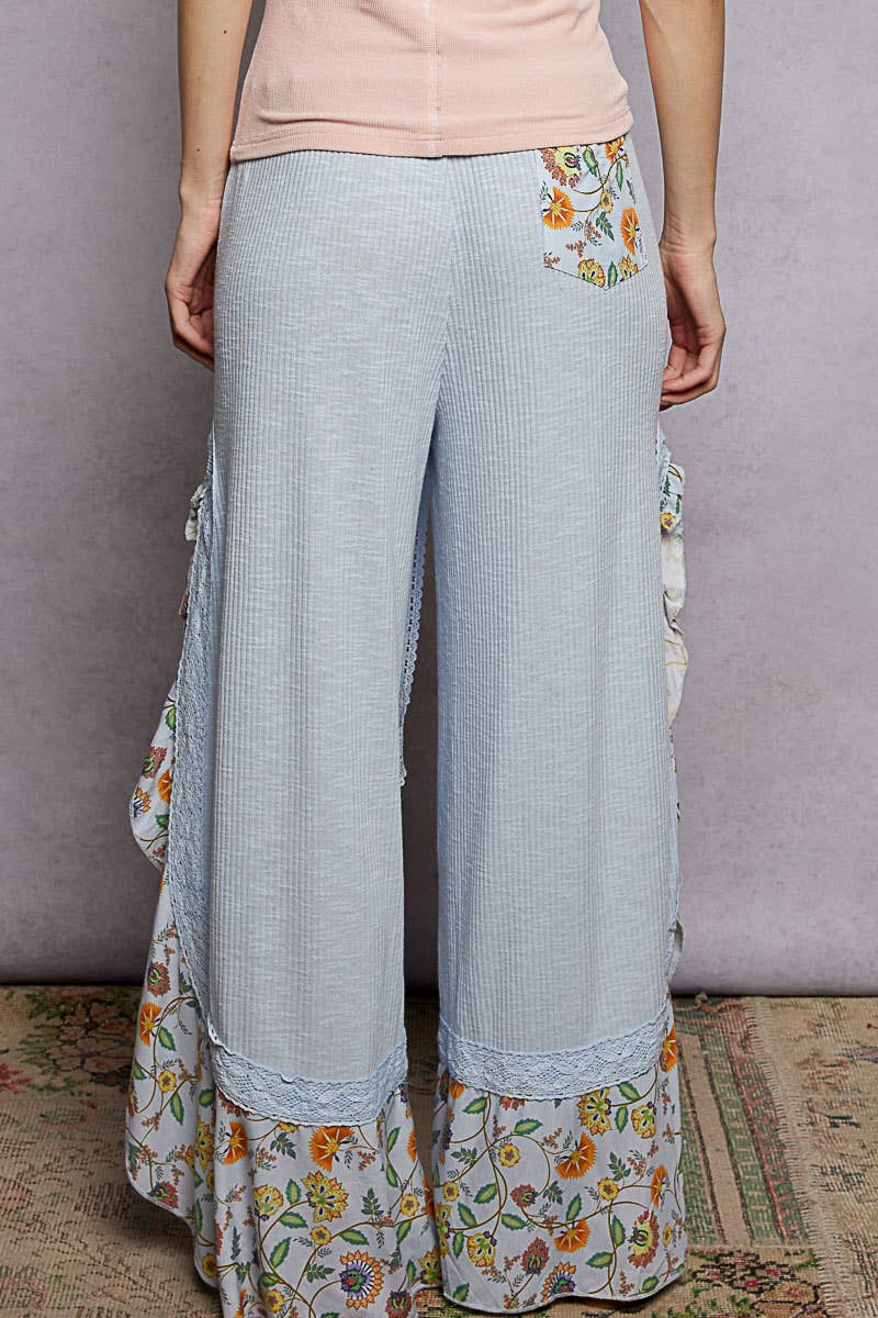Floral Pattern Ruffle Detail Ribbed Knit Pants