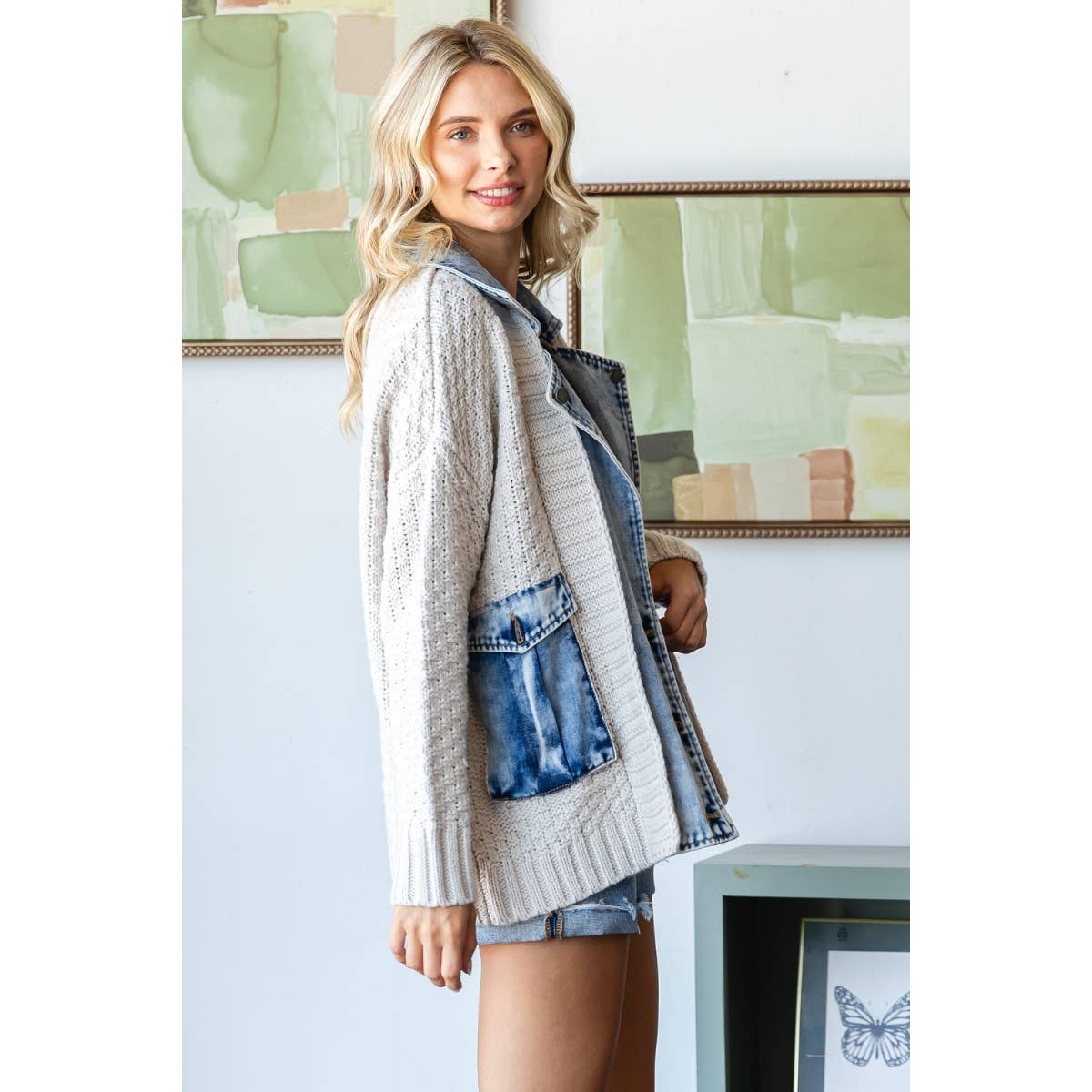 Knit Body Denim Layerd Jacket: Grey / Denim / M