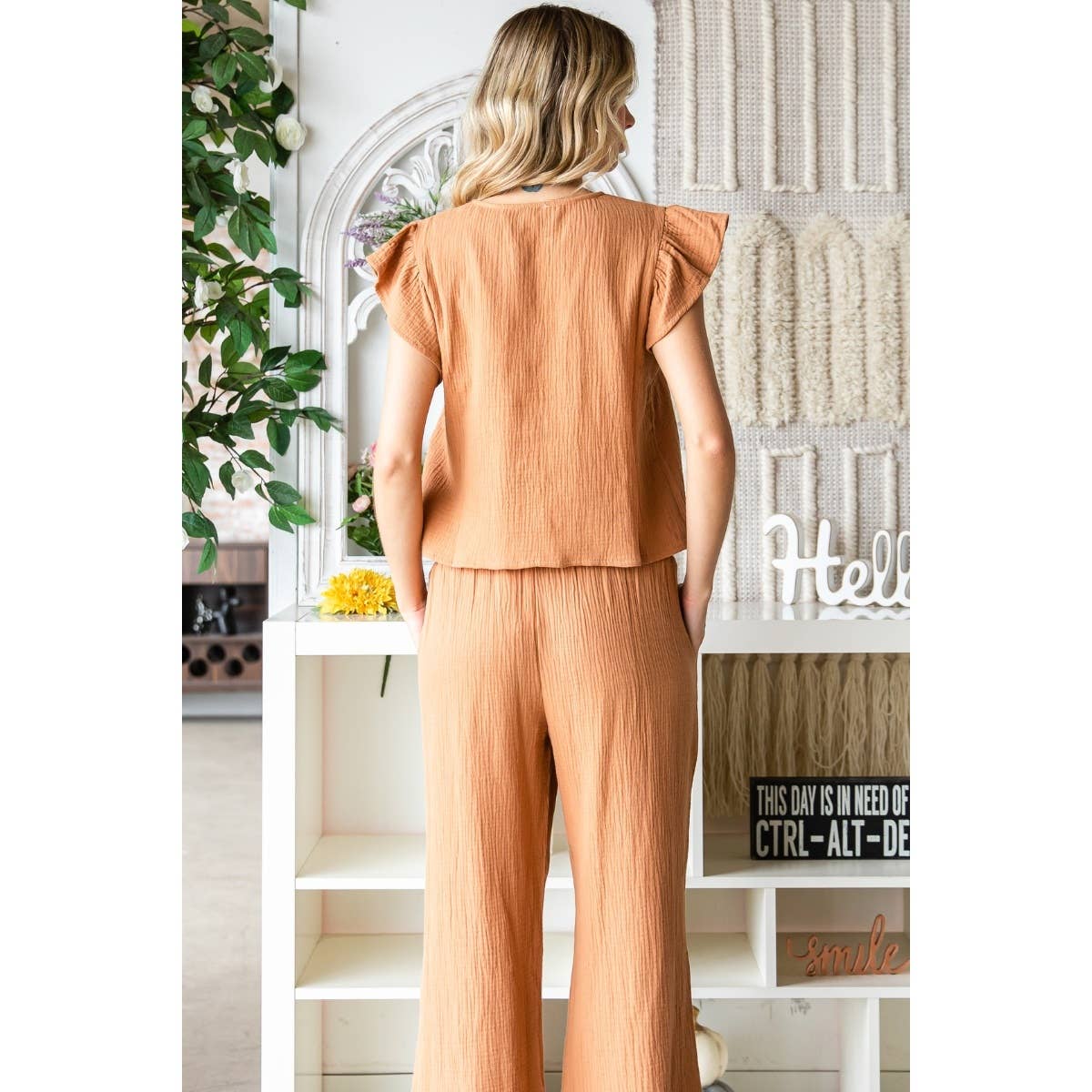 Ruffle Sleeve Linen feel Top and Pants Set