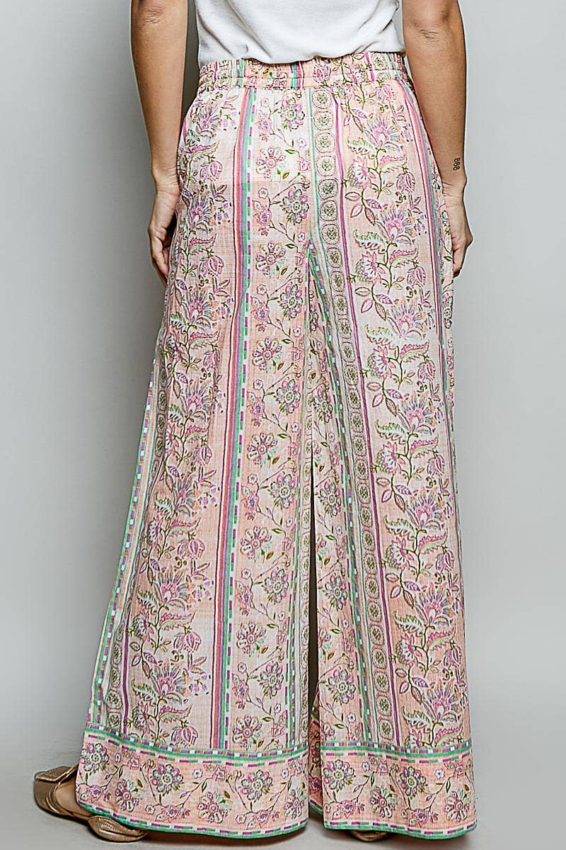 Floral Stripe Block Print Elastic Waist Wide Leg Pants