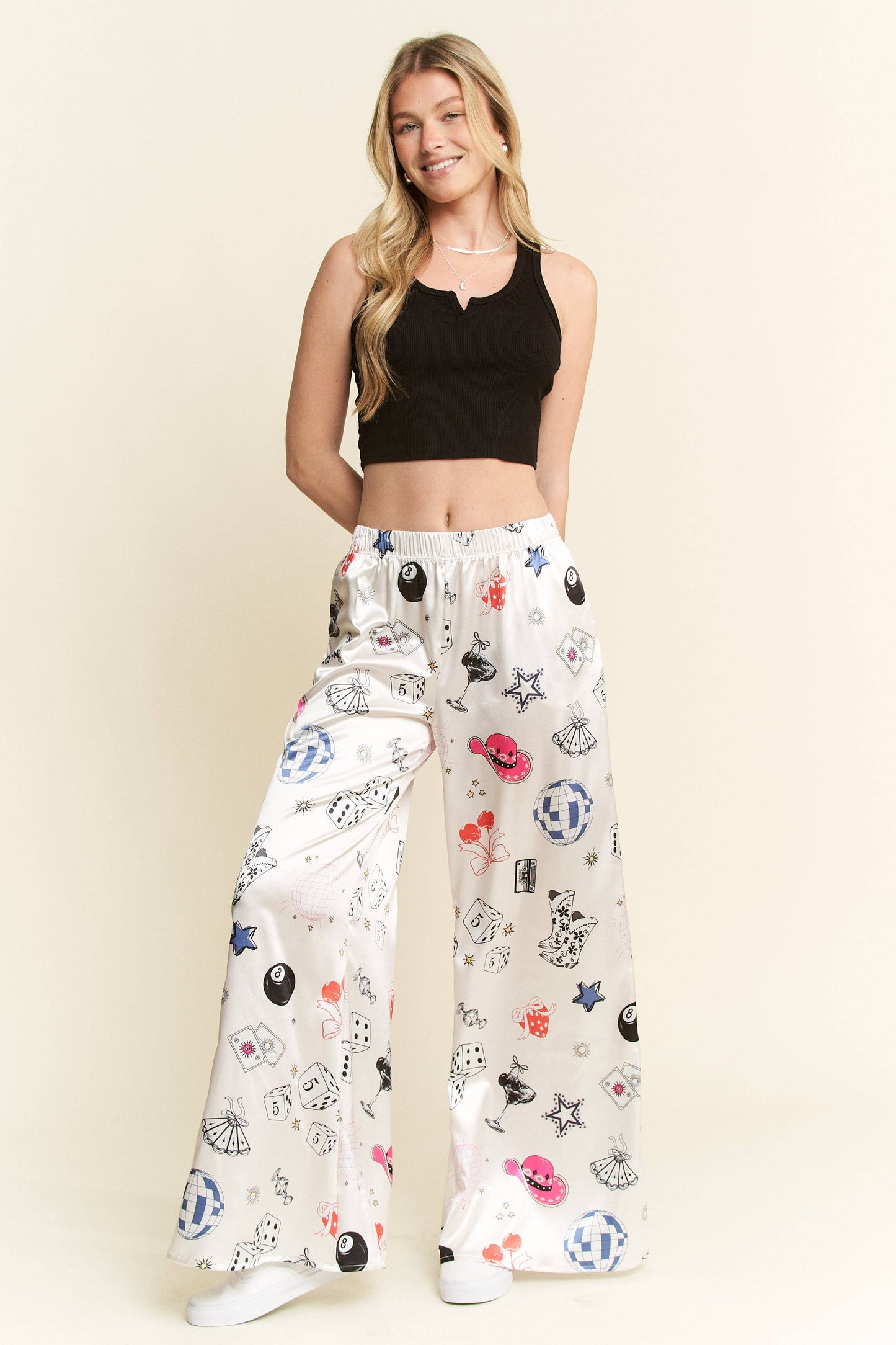 PARTY COLLAGE SATIN PANTS: Black / S
