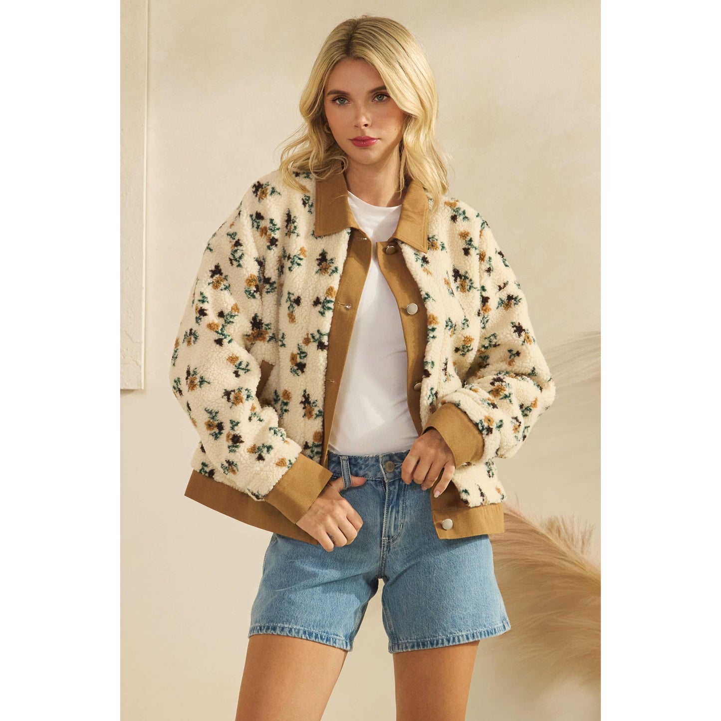 Printed Contrast Button Down Sweater: Brown / L