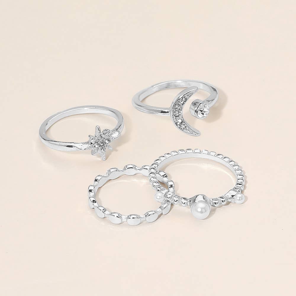 J18. 4PCS - Rhinestone Pave Crescent Starburst Pearl Accent Stackable Ring Set