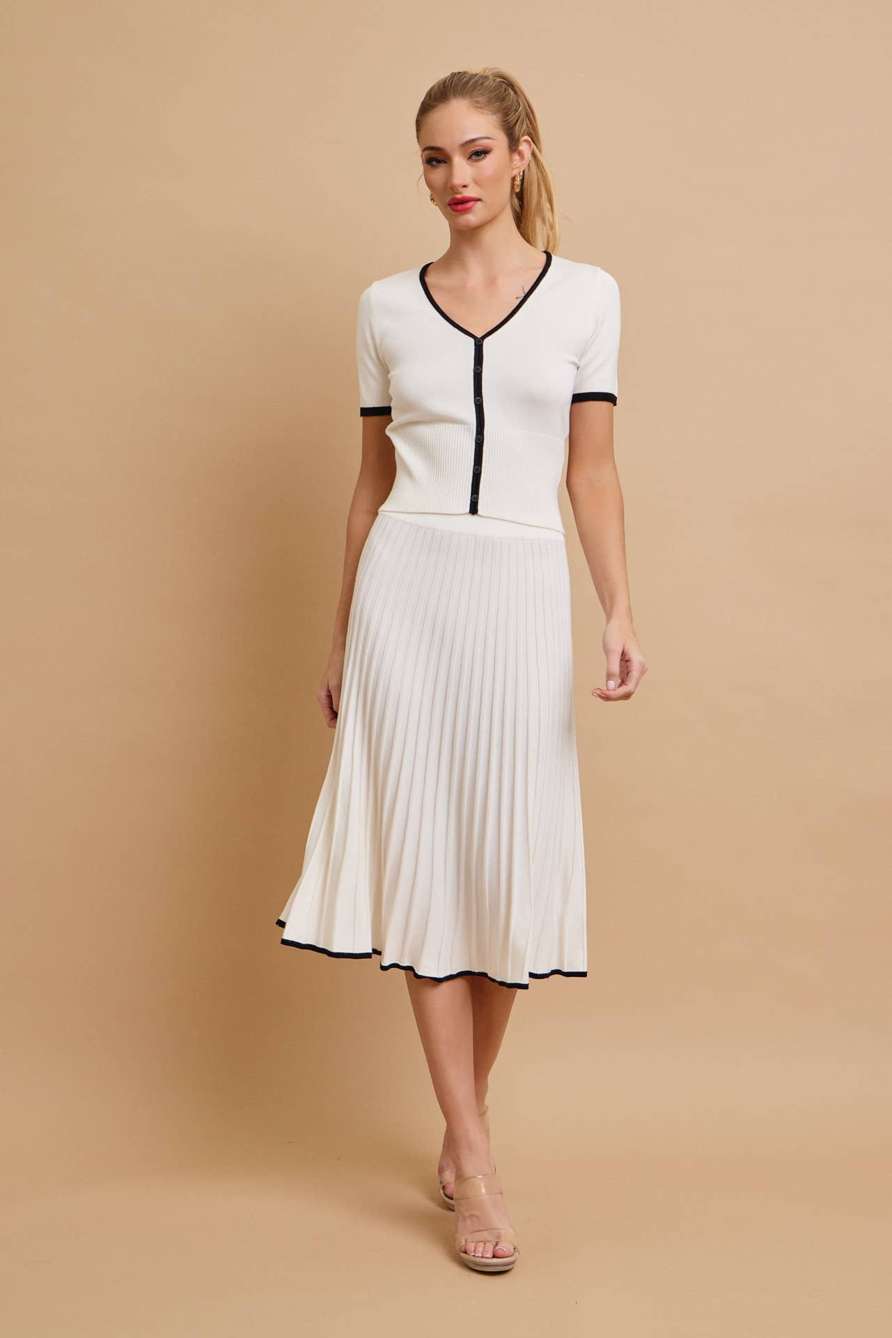 2A. Evadne Short Sleeve Top With Flare Skirt Set