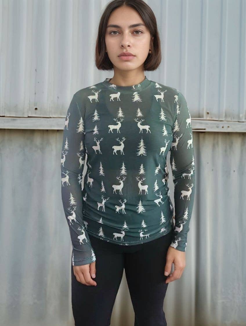 MK824 Oh My Deer Christmas Mesh Top