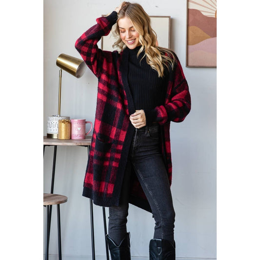 Mohair Sweater Long Cardigan  : Red/Black / M