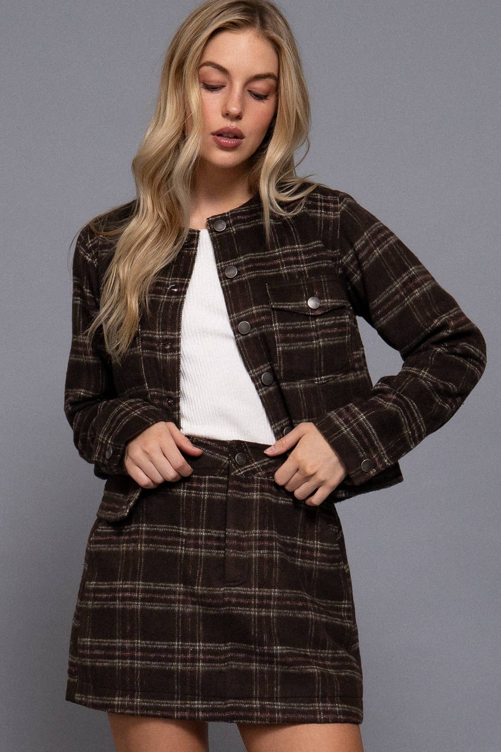Long Sleeve Round Neck Brushed Plaid Jacket