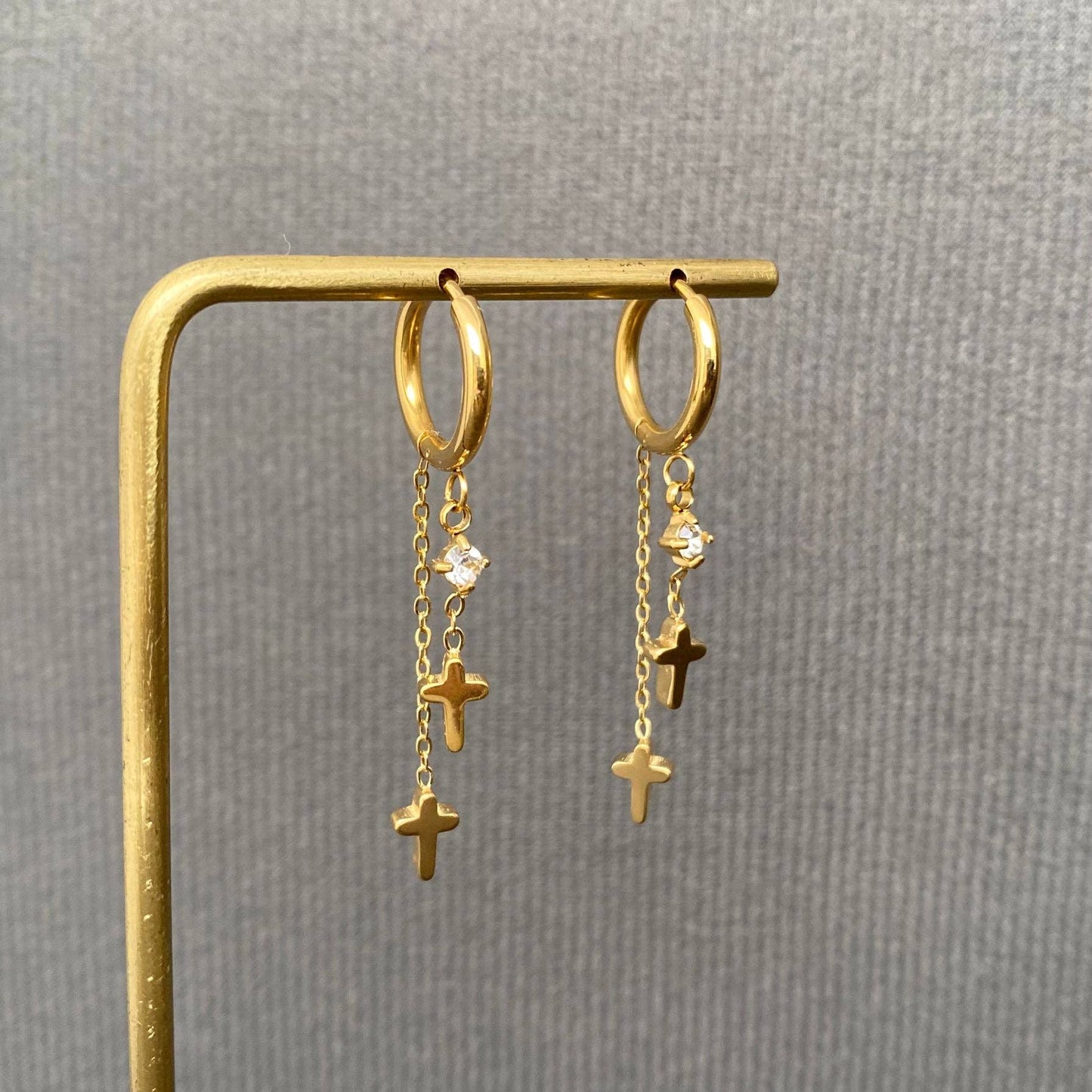 M20. Double Cross 18K Gold Plated Huggie Earrings