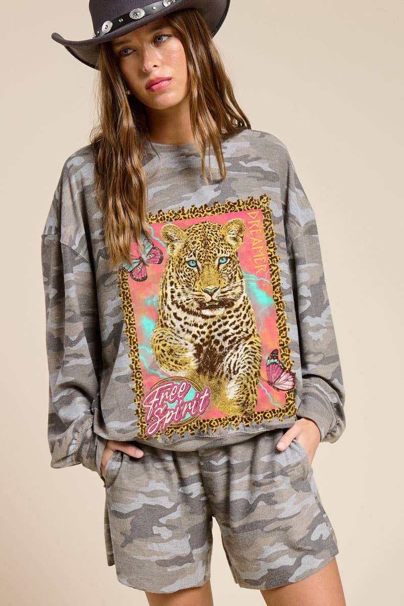Free Spirit Dreamer Leopard Graphic French Terry Pullover