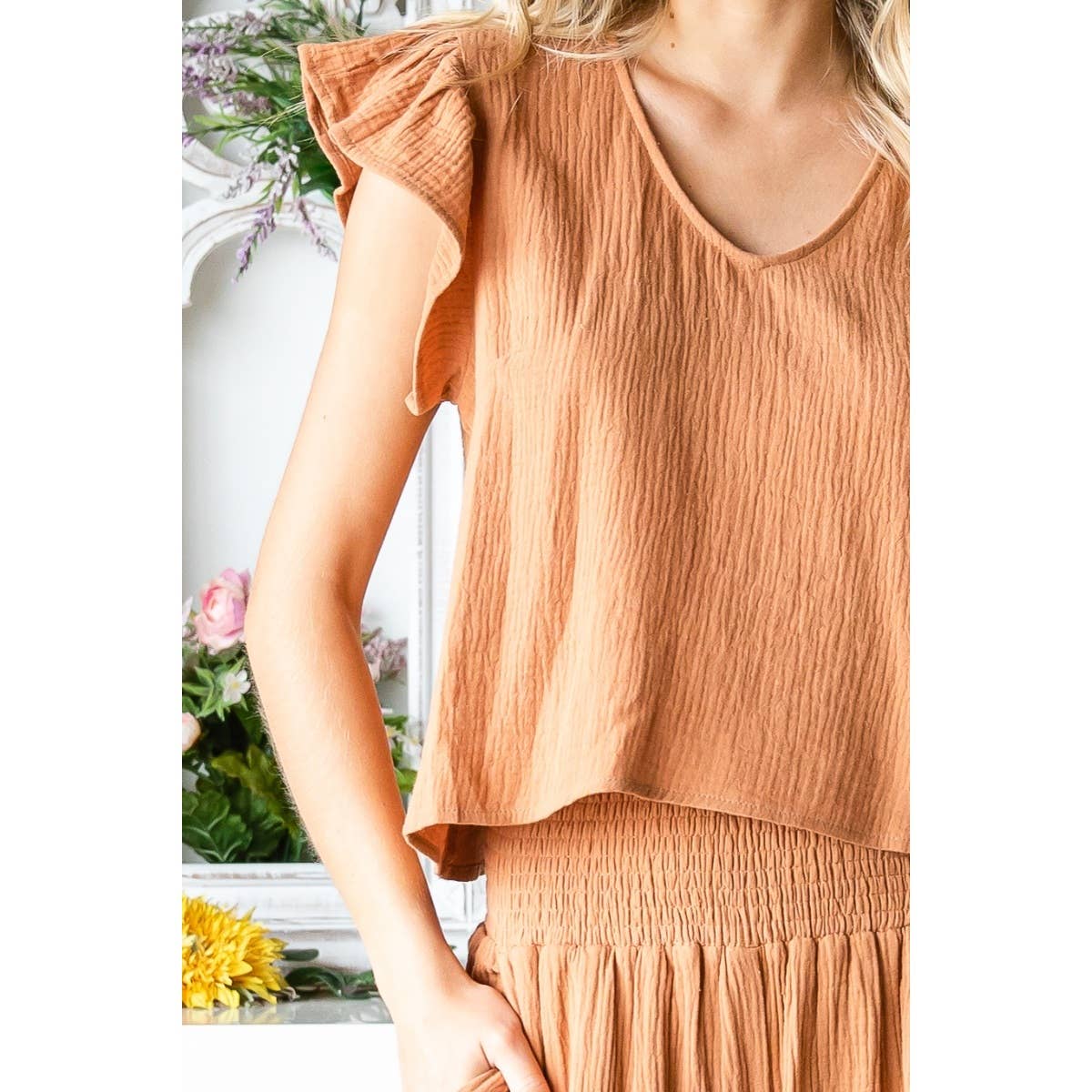Ruffle Sleeve Linen feel Top and Pants Set