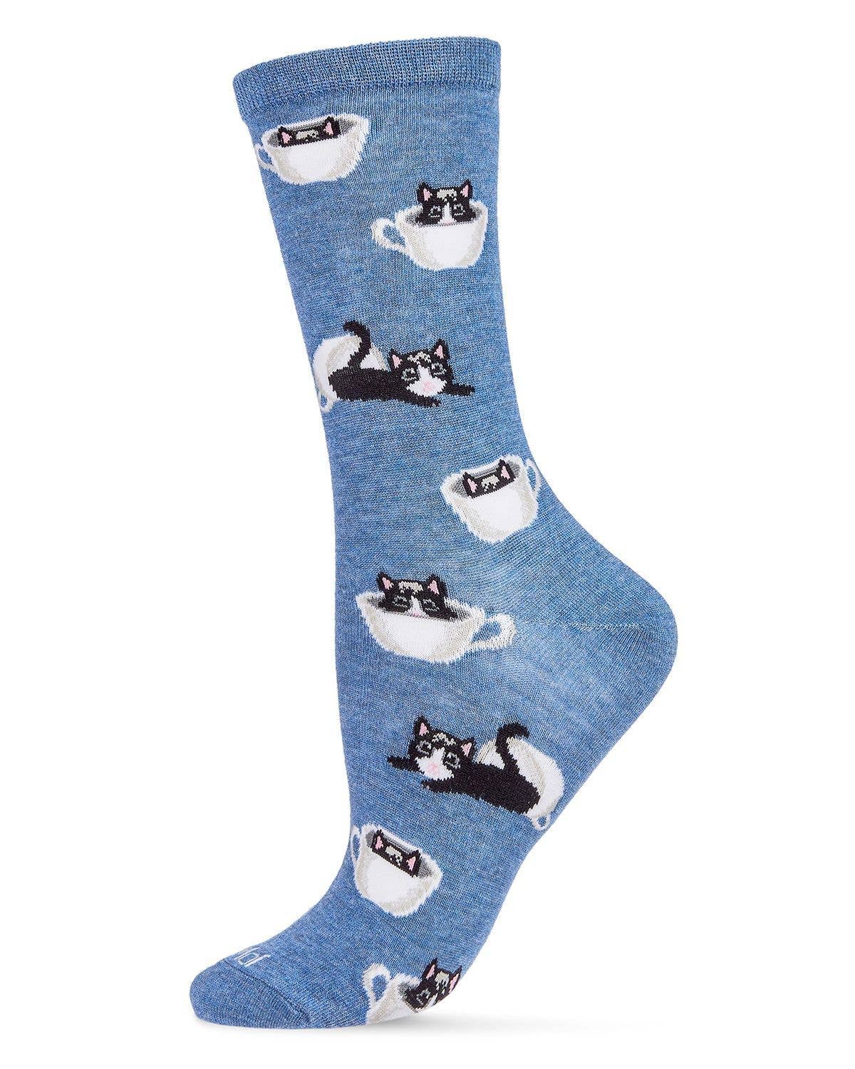 MeMoi Cup o' Cats Bamboo Blend Crew Socks: Pink / 9-11