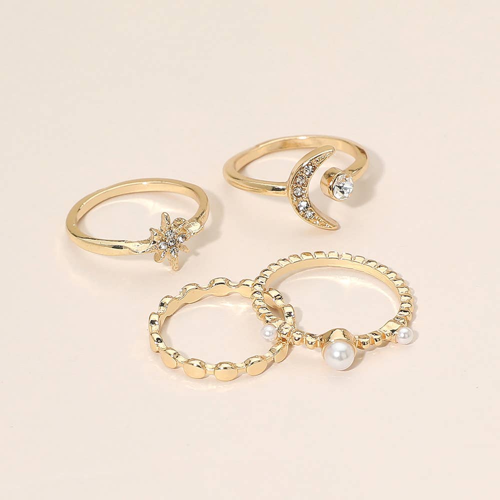 J18. 4PCS - Rhinestone Pave Crescent Starburst Pearl Accent Stackable Ring Set